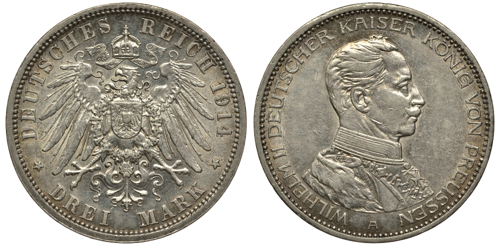 Пруссия 3 марки 1914 Вильгельм II (1888-1918) в мундире KM 538, J.113 серебро 413-2923