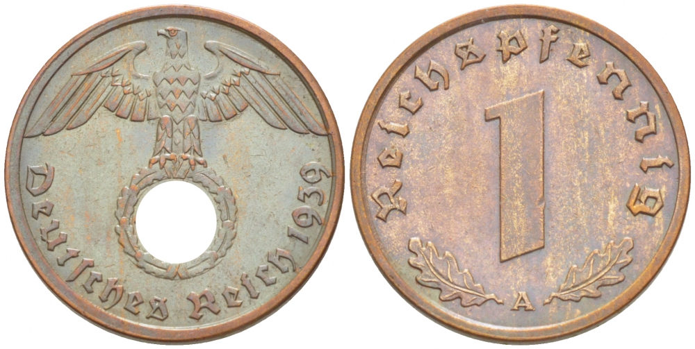 ГЕРМАНИЯ 1 РЕЙХСПФЕННИГ 1939 A KM 89 J 361 бронза 3718-168
