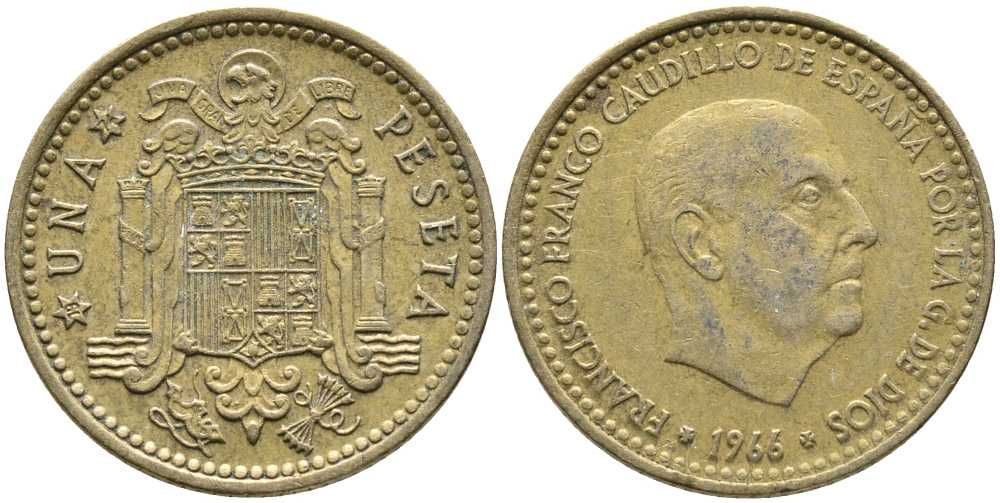 Испания 1 песета 1966 (74) Франсиско Франко (1939-1975) KM 796 алюминиевая бронза 110-1232