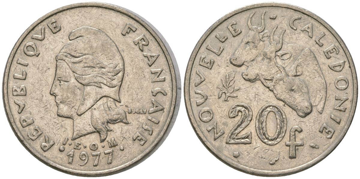 Французская Новая Каледония 20 франков 1977 три быка, (IEOM) KM 12, Schoen 14, Lec 107 никель 4120-633