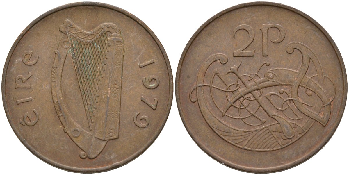 Ирландия 2 пенса 1979 виньетка в виде стилизованной птицы из второй библии Карла II Лысого KM 21 бронза 4144-1011