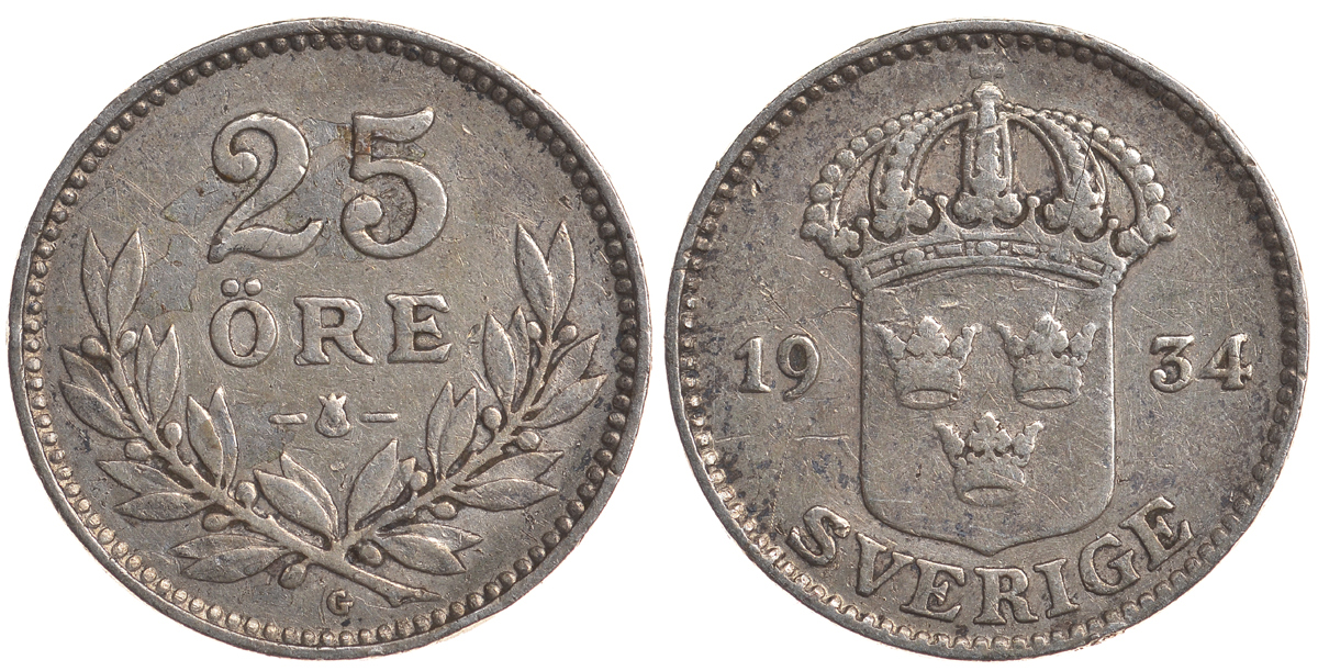Швеция 25 эре 1934 G, Густав V (1907-1950) KM 785 серебро 4179-847