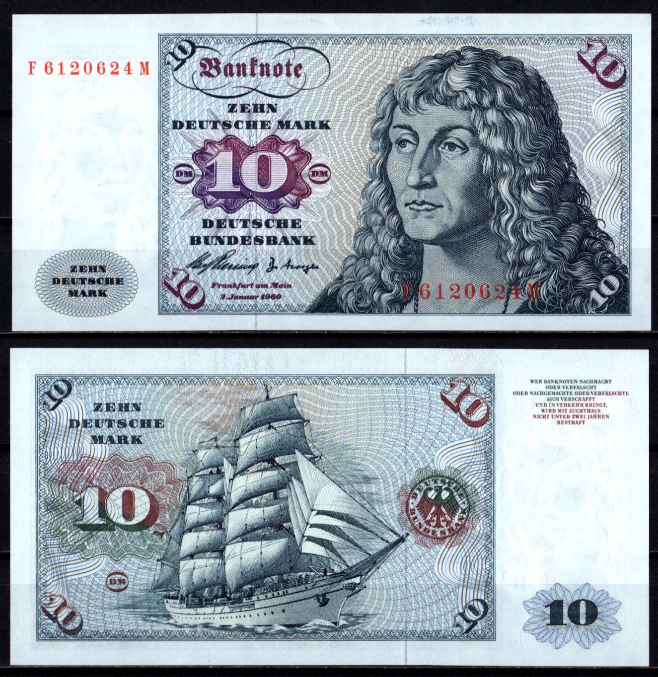 ФРГ 10 марок 1960 Альбрехт Дюрер. Kорабль "Горх Фок" Pick 19 бумага UNC (пресс) 451-1108-2