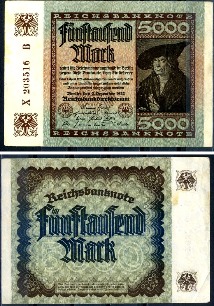 Германия 5000 марок 1922 2 декабря 1922, водяной знак E, серия B, буква X Pick 81 a бумага 8589-17-1-2