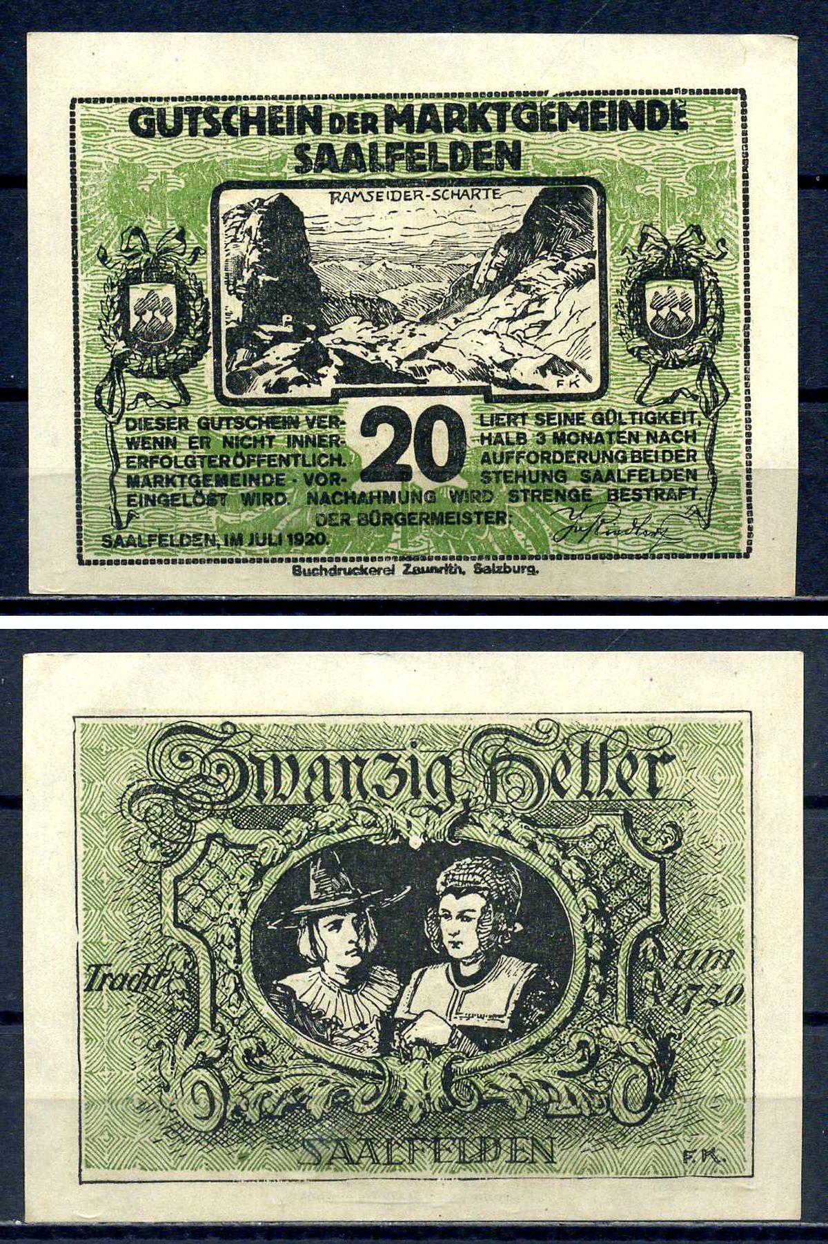 Заальфельд (Зальцбург) 20 геллеров 1920 Jaksc/Pick?JPR0859b-20 бумага aUNC 7556-25-1-2