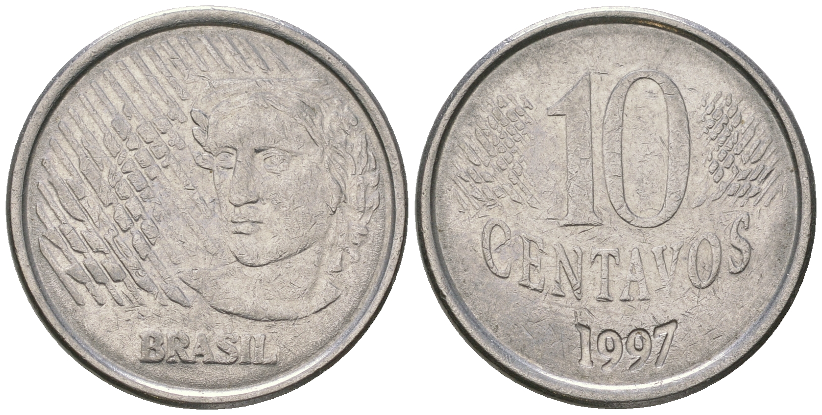 Бразилия 10 сентаво 1997 голова свободы KM 633 нержавеющая сталь 4641-332