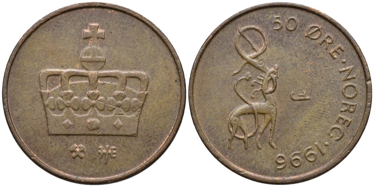 Норвегия 50 эре 1996 Харальд V (1991- ) KM 460 бронза 4115-1266