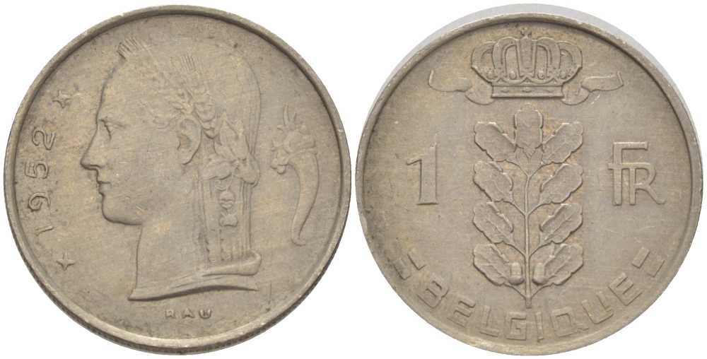 БЕЛЬГИЯ 1 ФРАНК 1952 BELGIQUE, БОДУЭН I (1951-1993) KM 142.1 медно-никель 202-945