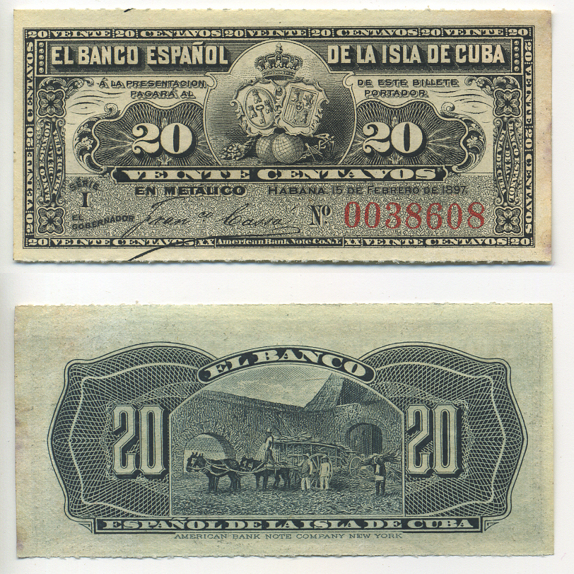 КУБА 20 СЕНТАВО 1897 БАНК ИСПАНИИ ДЛЯ КУБЫ Pick 53 бумага UNC (ПРЕСС) 448-31-1-2