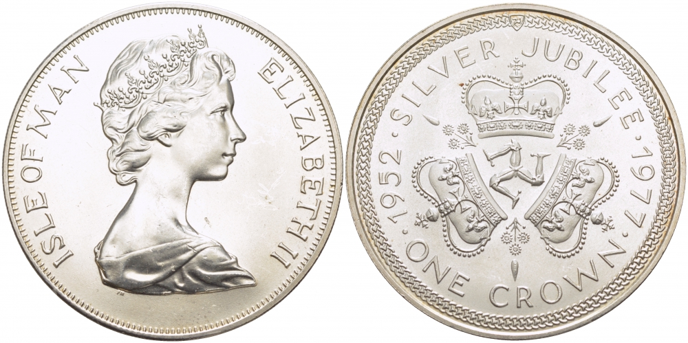 Остров Мэн 1 крона 1977 Серебряный юбилей правления королевы Елизаветы II, три короны КМ 41a серебро UNC 1081-4-51