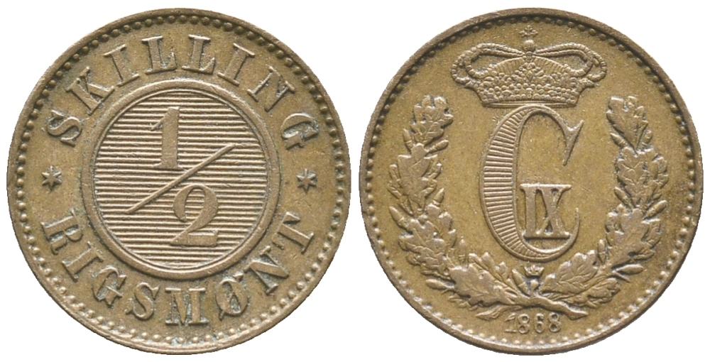 Дания 1/2 скиллинга ригсмонт 1868 Кристиан IX (1863-1906) KM 776 бронза 100-1149