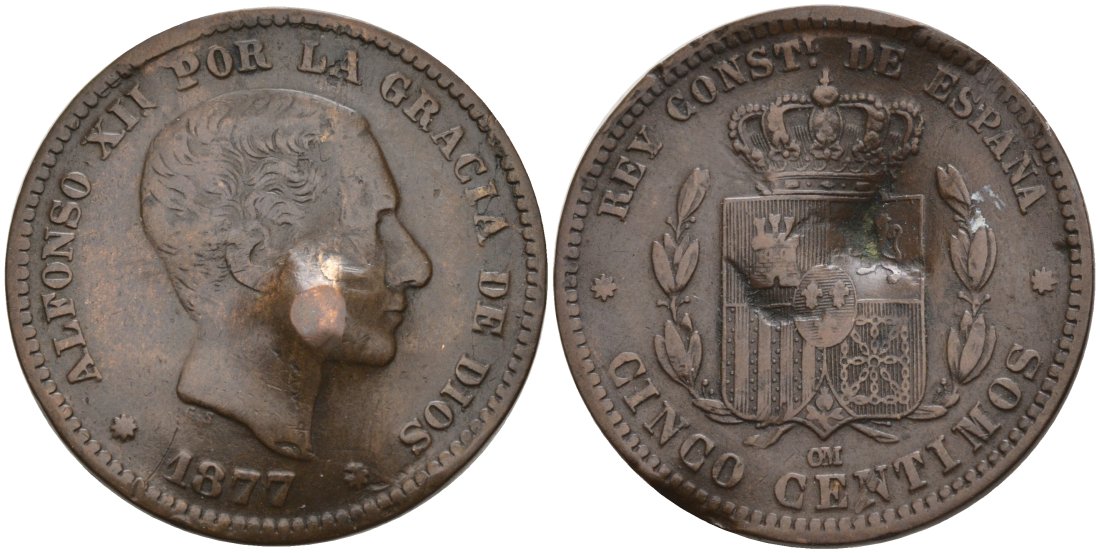 Испания 5 сентимо 1877 ОМ, АЛЬФОНСО XII (1875-1885) KM 674 бронза 4571-1056