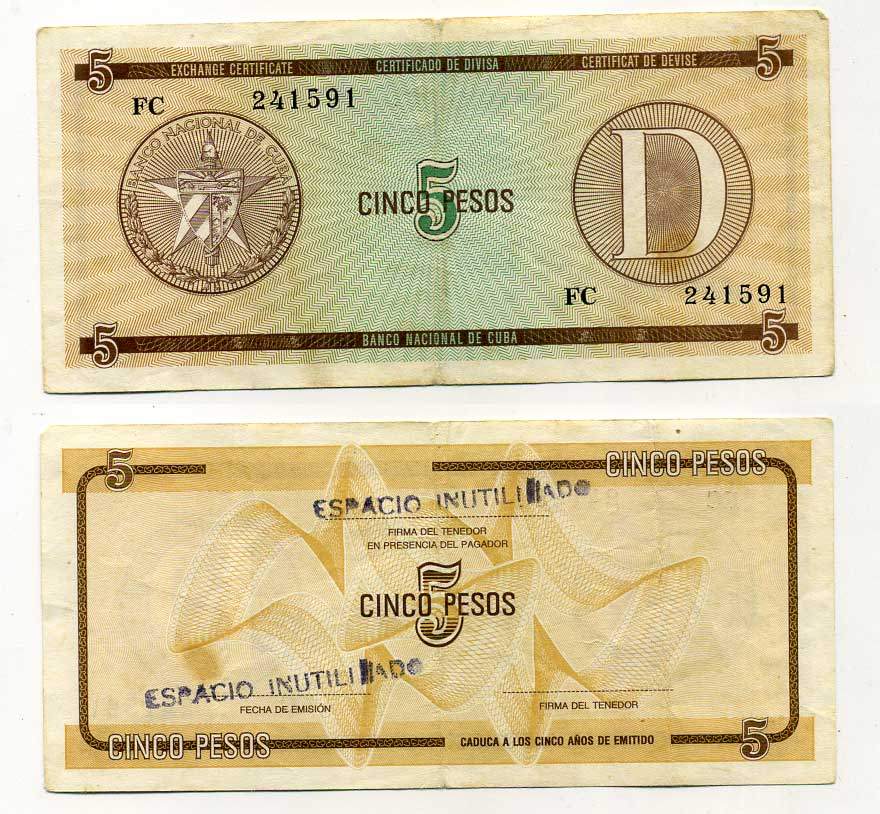 Куба, валютный сертификат 5 песо ND серия D, желтая, второй выпуск Pick FX 34 бумага 444-42-3-2