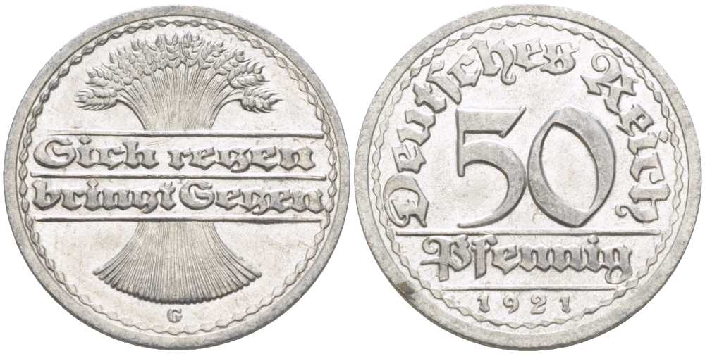 ГЕРМАНИЯ 50 ПФЕННИГОВ 1921 G KM 27, J. 301, Weege 10 алюминий 261-735