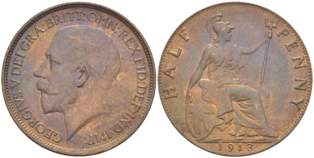 Великобритания 1/2 пенни 1913 Георг V (1910-1936) KM 809, Spink 4056 бронза 4523-343
