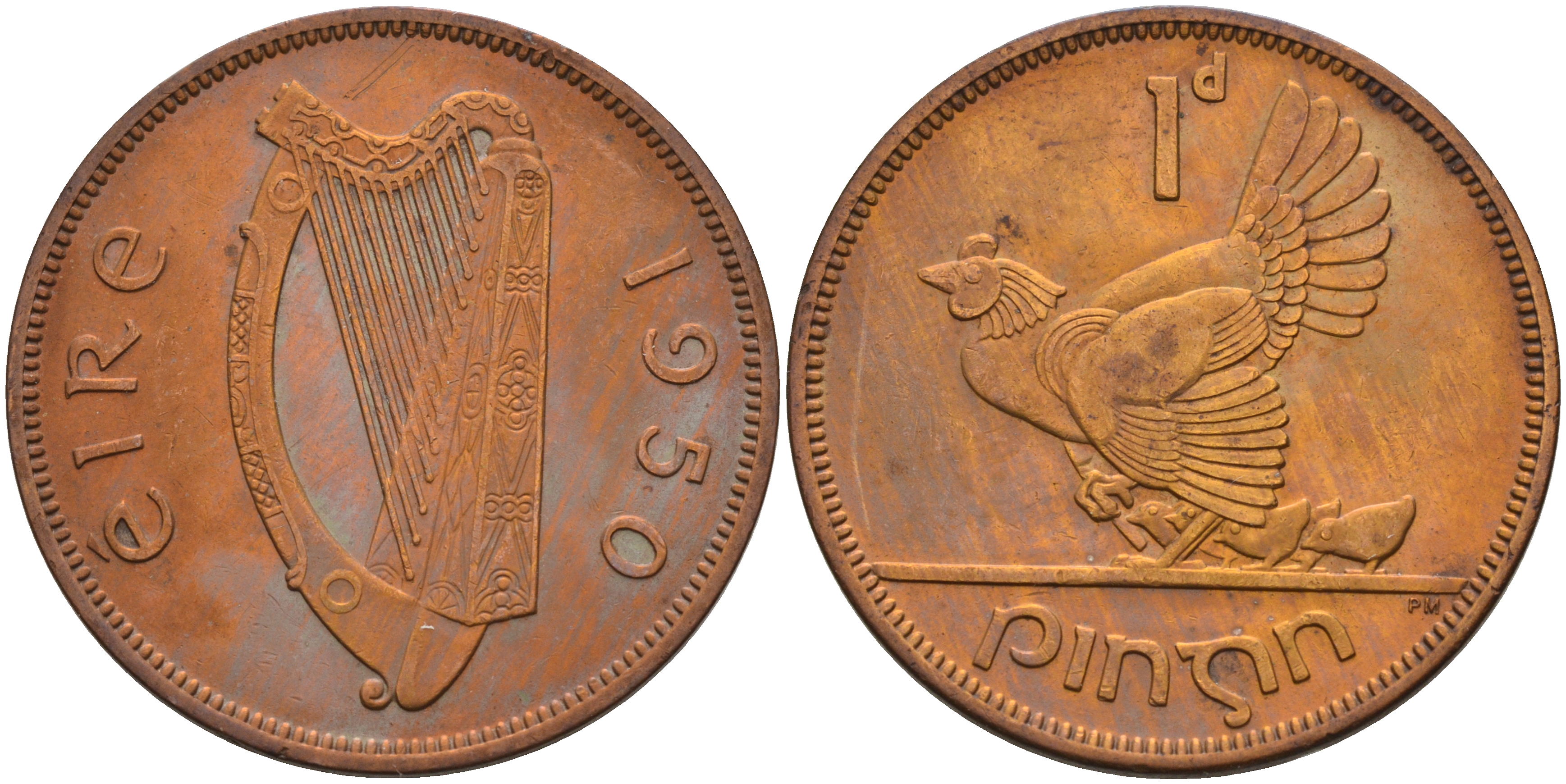 Ирландия 1 пенни 1950 курица с цыплятами KM 11 бронза 4367-1223