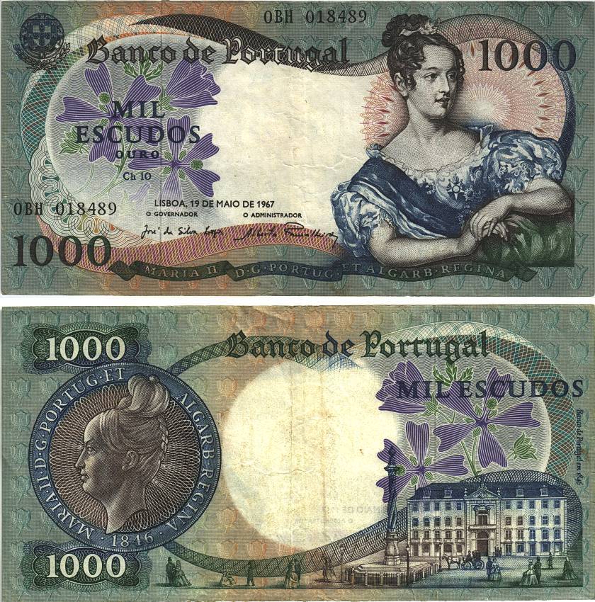 Португалия 1000 эскудо 1967 королева Мария II, Центральный банк Pick 172a бумага 8606-34-2-1