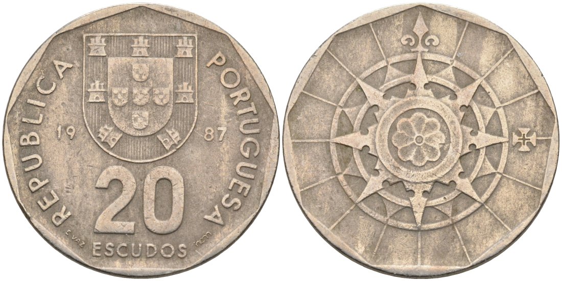 Португалия 20 эскудо 1987 KM 634.1 медно-никель 4571-1243
