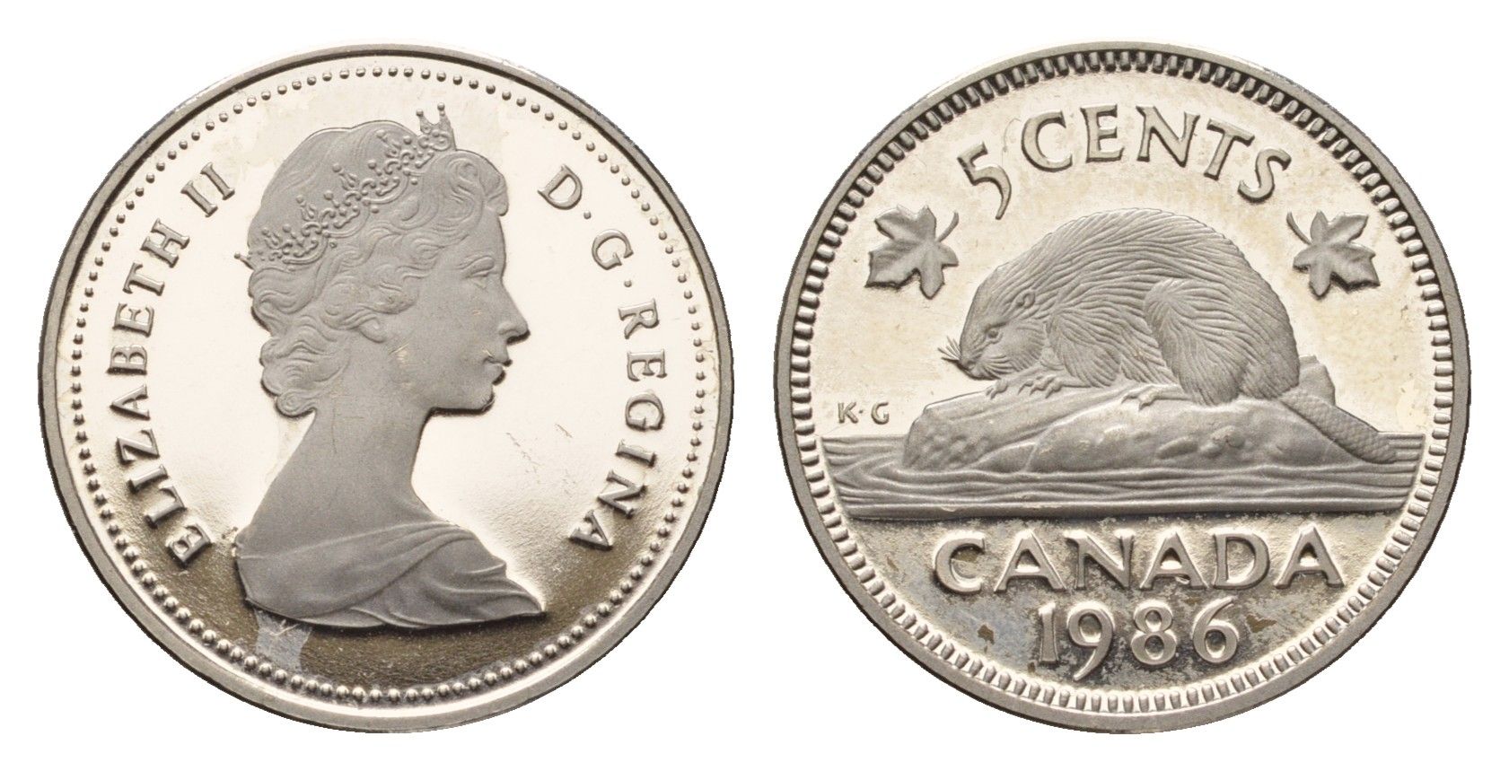 Канада 5 центов 1986 Елизавета II (1952-2022), бобр KM 60.2a никель PROOF 413-3244
