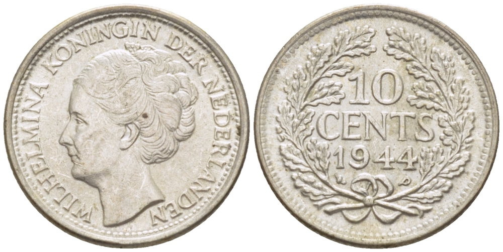 Нидерланды 10 центов 1944 Вильгельмина (1890-1948) KM 163 серебро aUNC 4392-118
