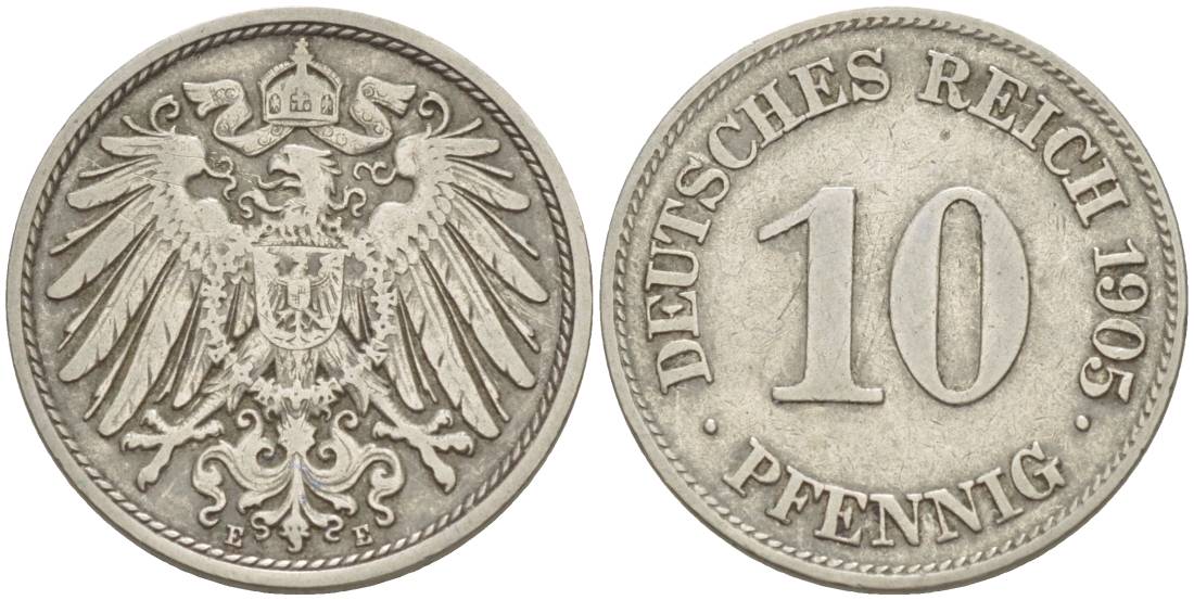 Германия 10 пфеннигов 1905 E KM 12, Jager 13, Weege 8 медно-никель 219-115