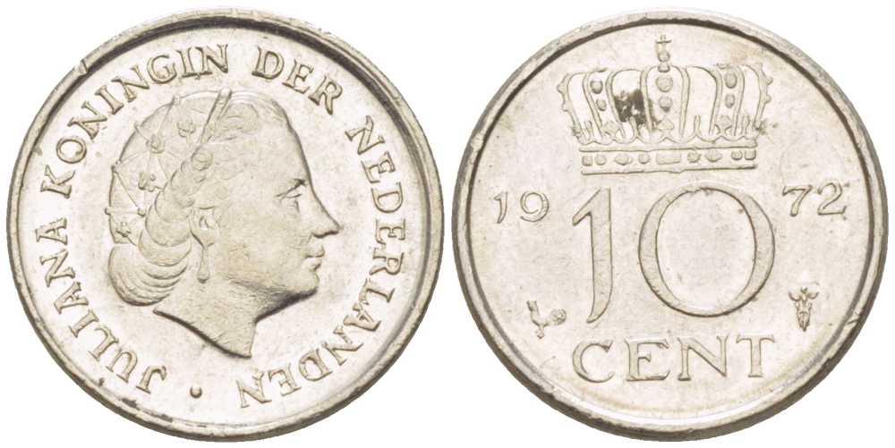 Нидерланды 10 центов 1972 Юлиана (1948-1980) KM 182 никель 214-1261