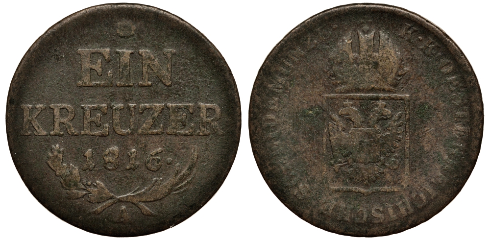 АВСТРИЯ 1 КРЕЙЦЕР 1816 A, ФРАНЦ II (1792-1835) KM 2113 медь 413-3012