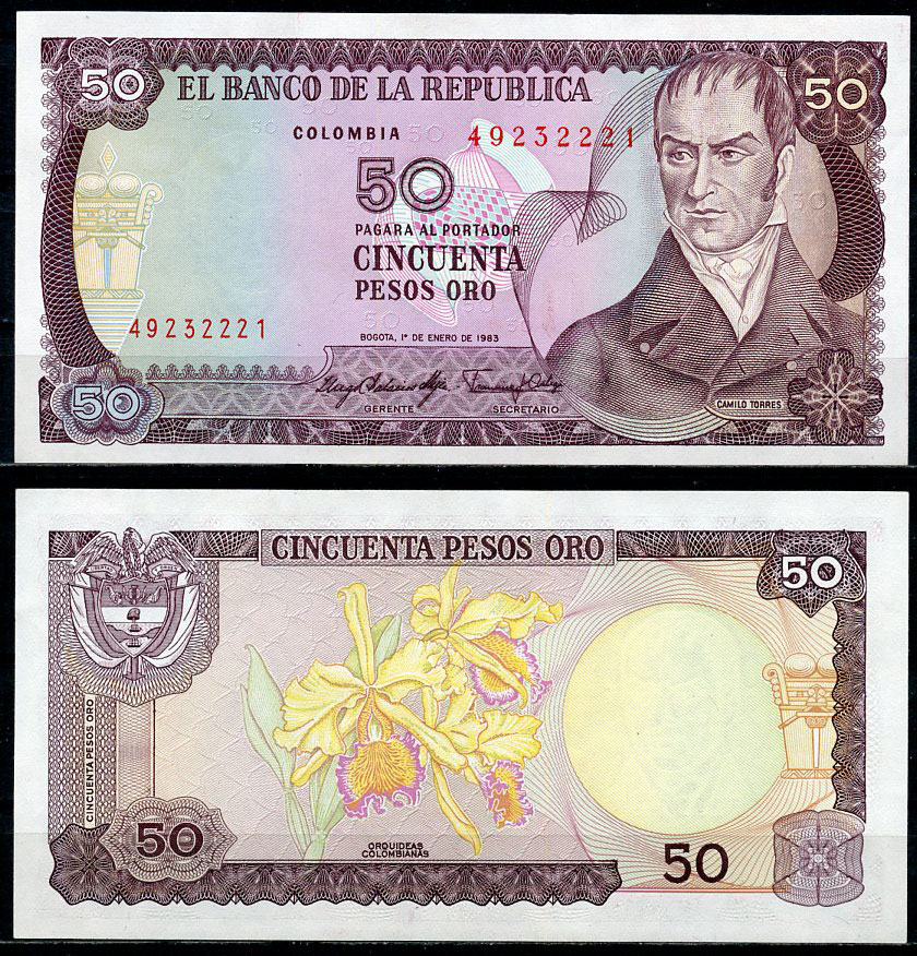 Колумбия 50 песо 1983 Камило Торрес Тенорио, орхидеи  Pick 422 b  бумага  UNC (пресс) 447-74-2