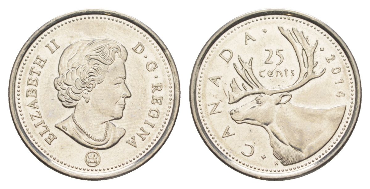 Канада 25 центов 2014 Leaf, Елизавета II (1952-2022), олень KM 2296 сталь плакированная никелем UNC 4631-734