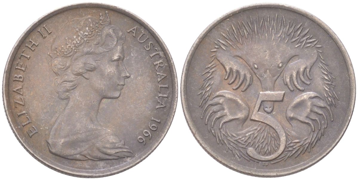 Австралия 5 центов 1966 Елизавета II (1952-2022), ехидна KM 64 медно-никель 4621-1068