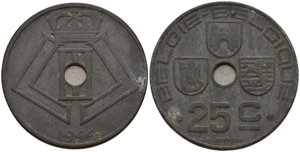 Бельгия 25 сантимов 1944 Belgie - Belgique, Леопольд III (1934-1947), германская оккупация, Вторая мировая война KM 132 цинк 4157-632