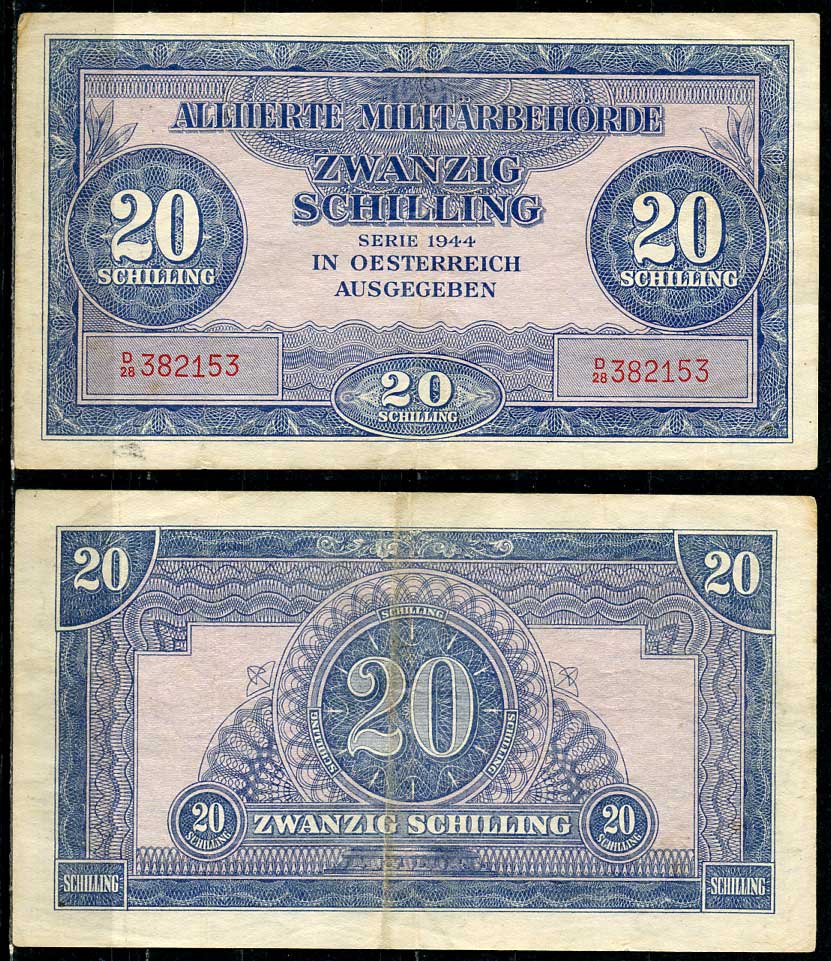 Австрия, Союзные военные власти 20 шиллингов 1944 Allierte Militaerbehoerde Pick 107 a  бумага  00-00