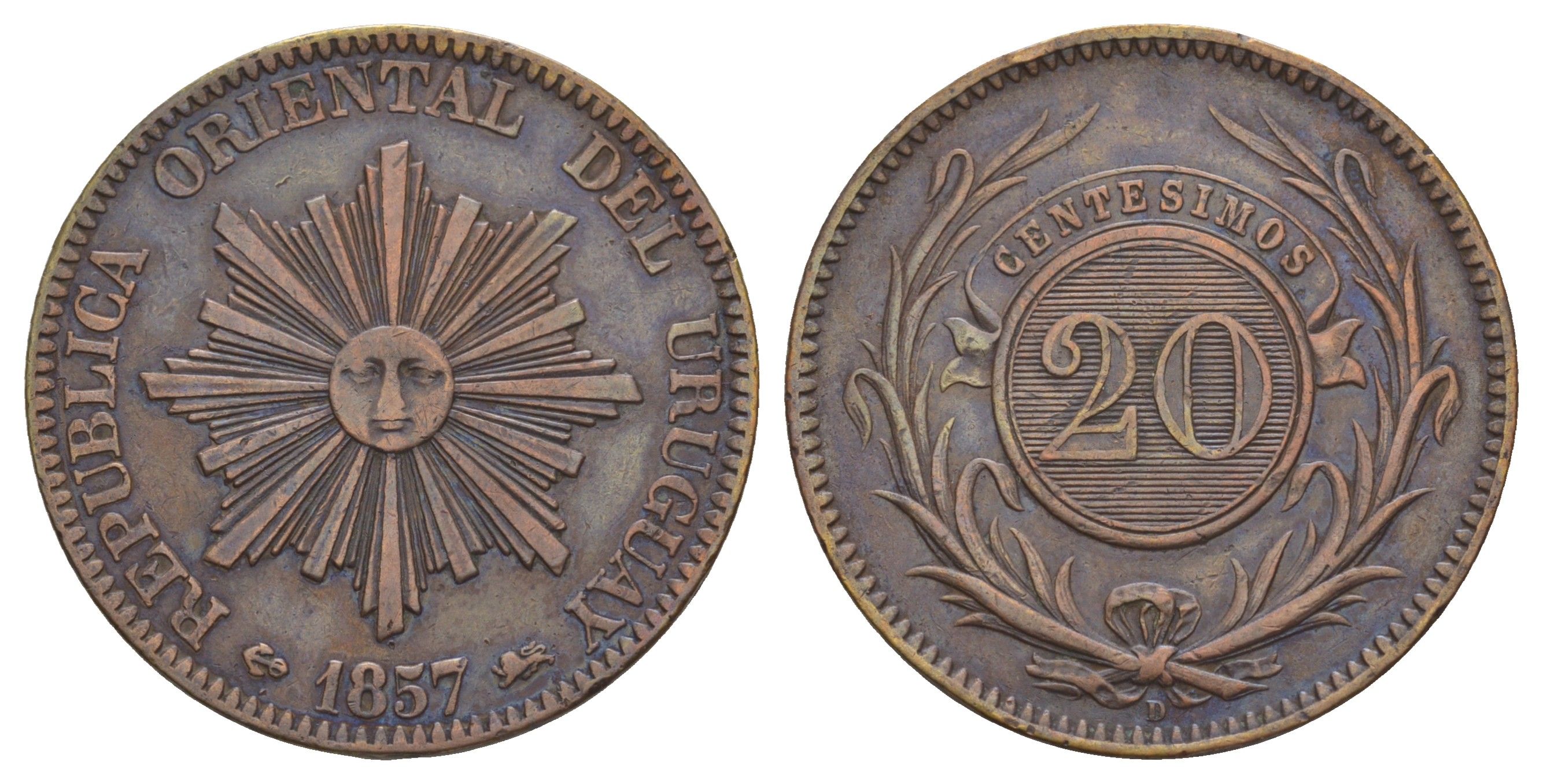 Уругвай 20 сентимо 1857 год-тип KM 9 медь 1519-1231