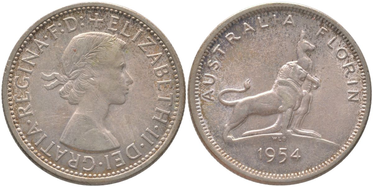Австралия 1 флорин = 2 шиллинга 1954 Королевский визит в Австралию, Елизавета II (1952-2022), английский лев и кенгуру KM 55 серебро 81-411
