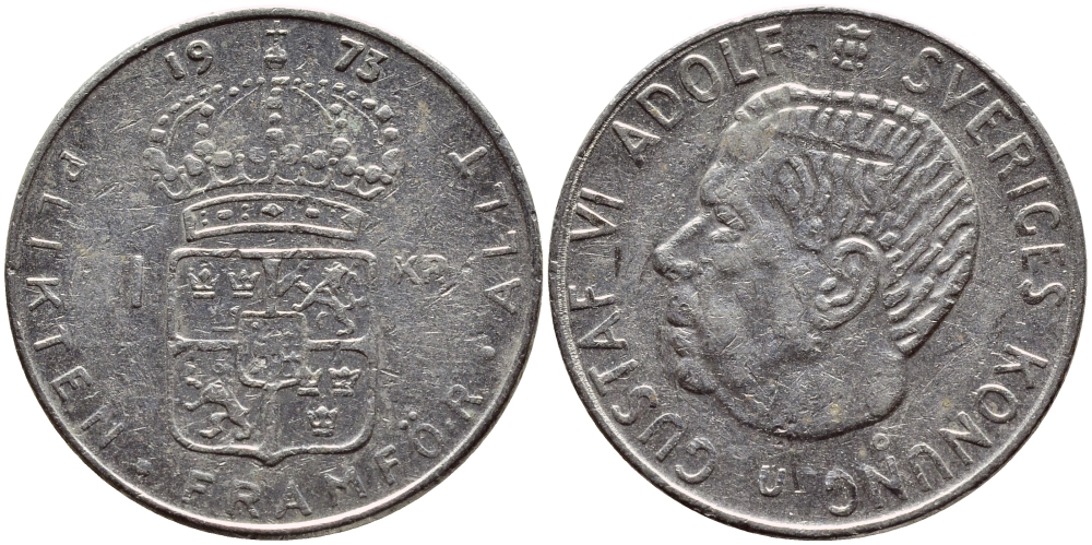 Швеция 1 крона 1973 Густав VI Адольф (1950-1973) KM 826а медь плакированная медно-никелем 4395-255