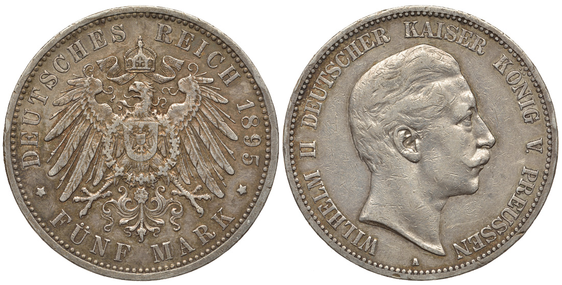 Пруссия 5 марок 1895 Вильгельм II (1888-1918) KM 523, J.104 серебро    413-1032