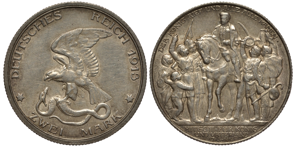 Пруссия 2 марки 1913 A, Вильгельм II (1888-1918), 100 лет победы над Наполеоном J.109, Weege 109, KM 532 серебро 3711-935