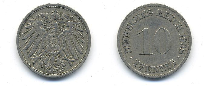 ГЕРМАНИЯ 10 ПФЕННИГОВ 1908 D KM 12, J. 13 медно-никель 58-342