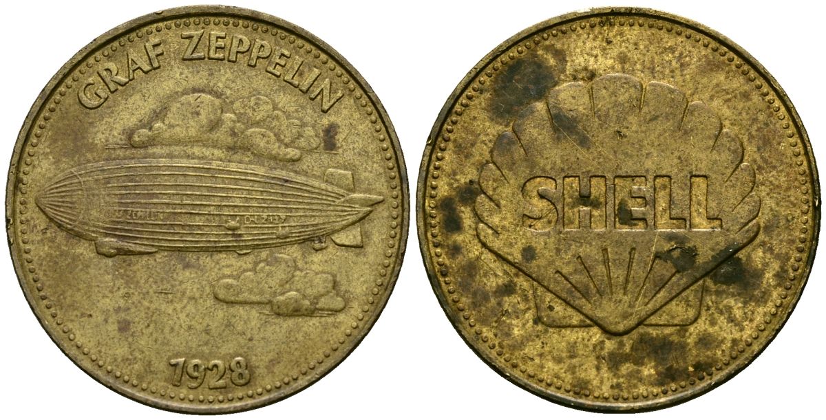 ЮАР жетон 1969 Shell, Graf zeppelin, рекламный жетон, дирижабль, человек в полете алюминий 00-00