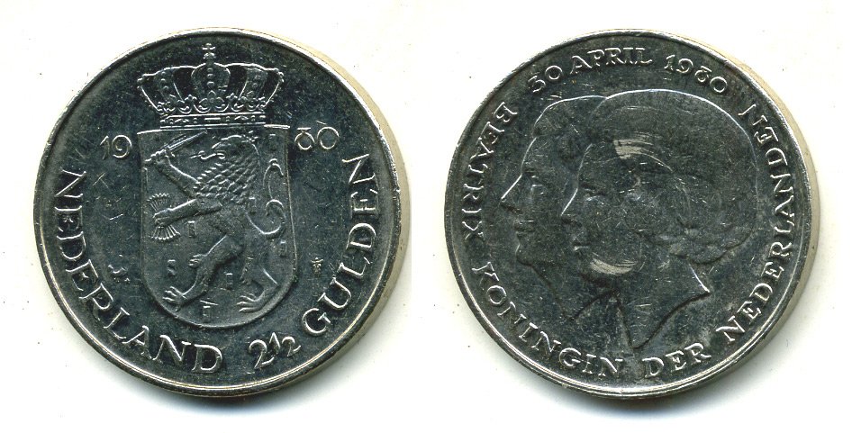 Нидерланды 2 1/2 гульдена 1980 коронация Беатрикс, 30 апреля 1980 KM 201 никель 53-456