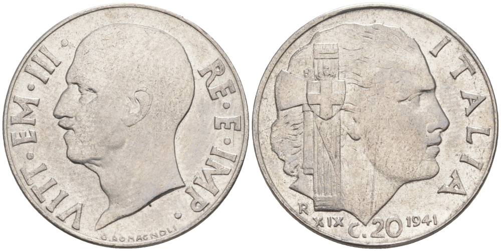 ИТАЛИЯ 20 ЧЕНТЕЗИМО 1941 R, ГОД XIX, ВИКТОР ЭММАНУИЛ III (1900-1946) KM 75b, VEM3. 1028 нержавеющая сталь 3853-1136