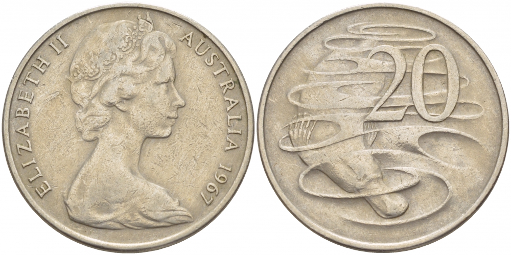 Австралия 20 центов 1967 Елизавета II (1952-2022), утконос KM 66 медно-никель 4536-1246