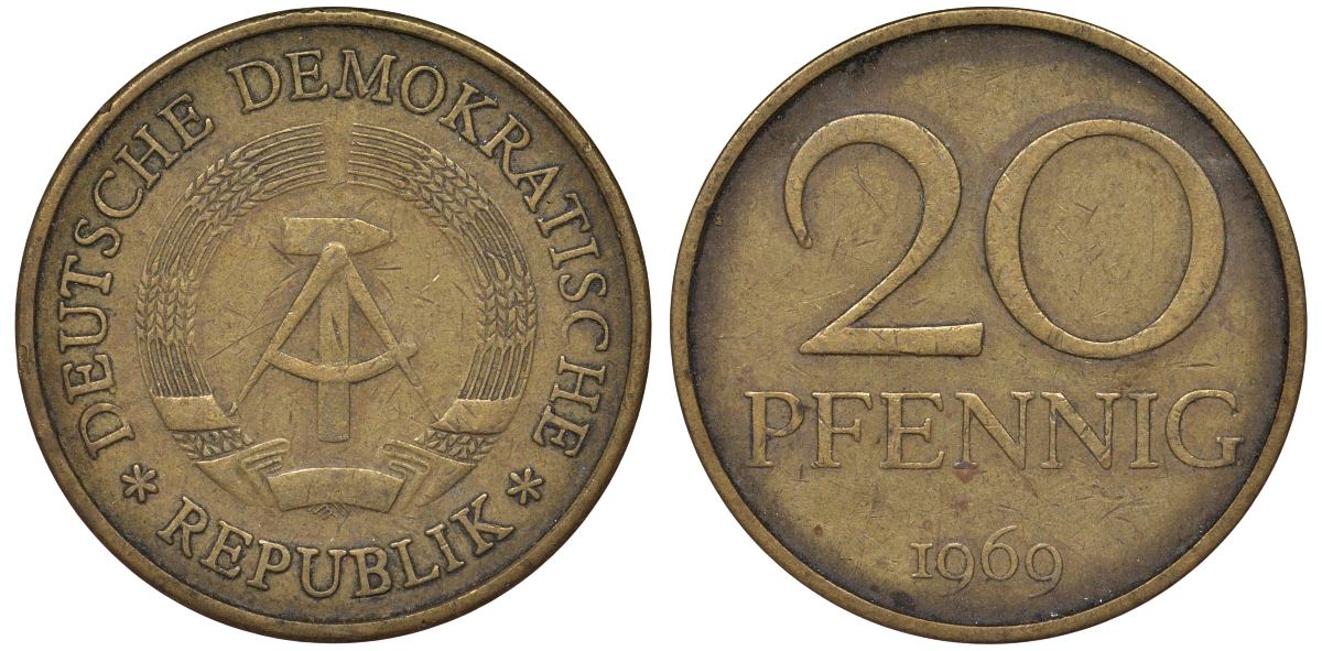 ГДР 20 пфеннигов 1969 А, первый год KM 11 латунь 62-1217