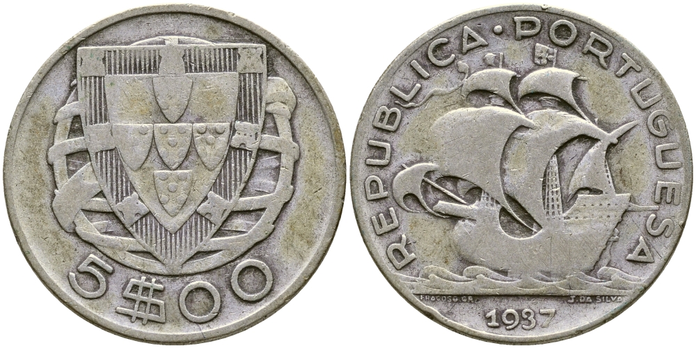 ПОРТУГАЛИЯ 5 ЭСКУДО 1937 KM 581 серебро 4388-452