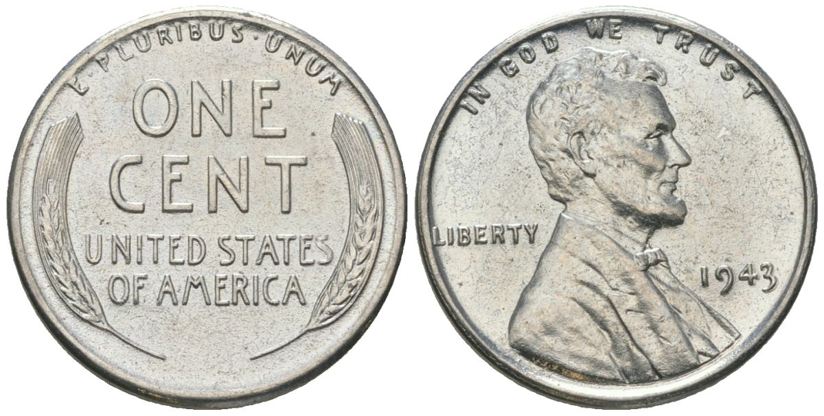 США 1 цент 1943 Авраам Линкольн KM 132 a сталь покрытая цинком aUNC 214-222