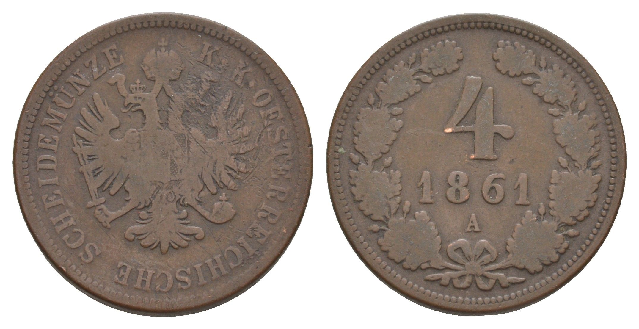 Австрия 4 крейцера 1861 A, Франц Иосиф I (1848-1916) KM 2194 медь 4654-215