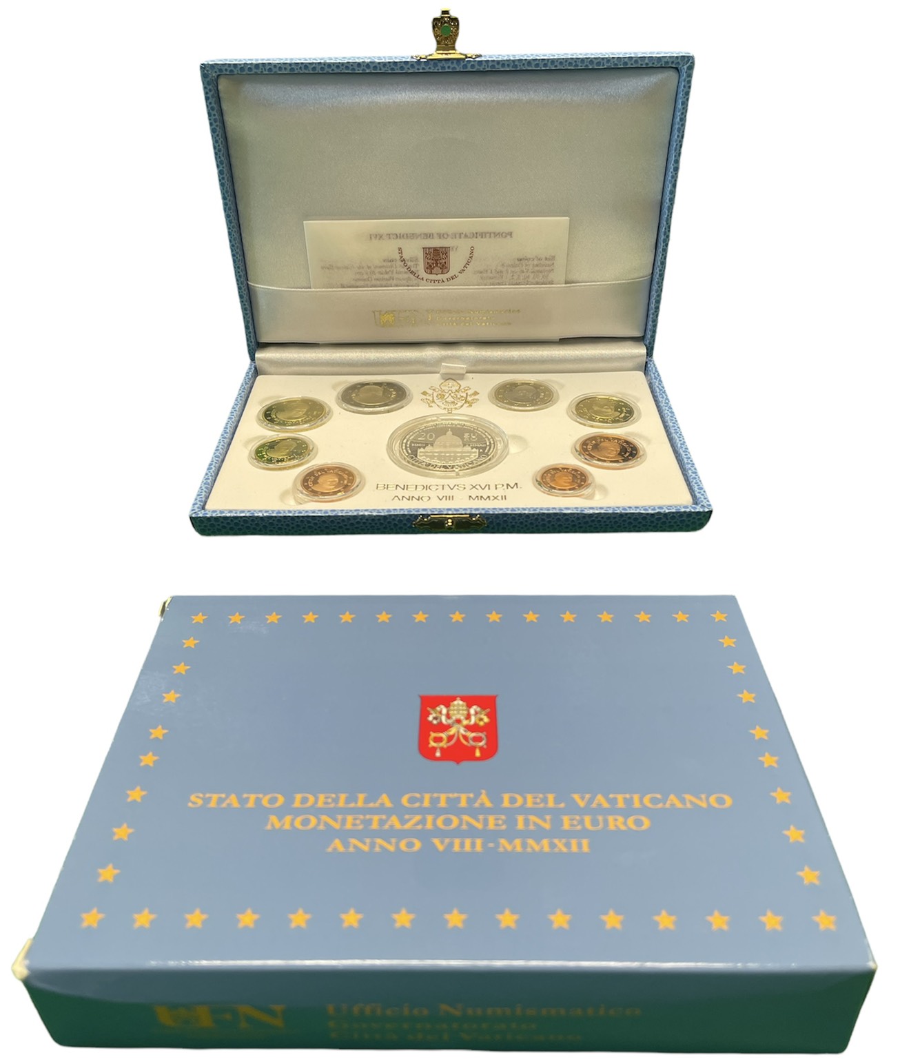 Ватикан евронабор из 8 монет + 20 евро 2012 Бенедикт XVI, в оригинальной коробке, с сертификатом KM NEW биметалл PROOF 5-4-6-03