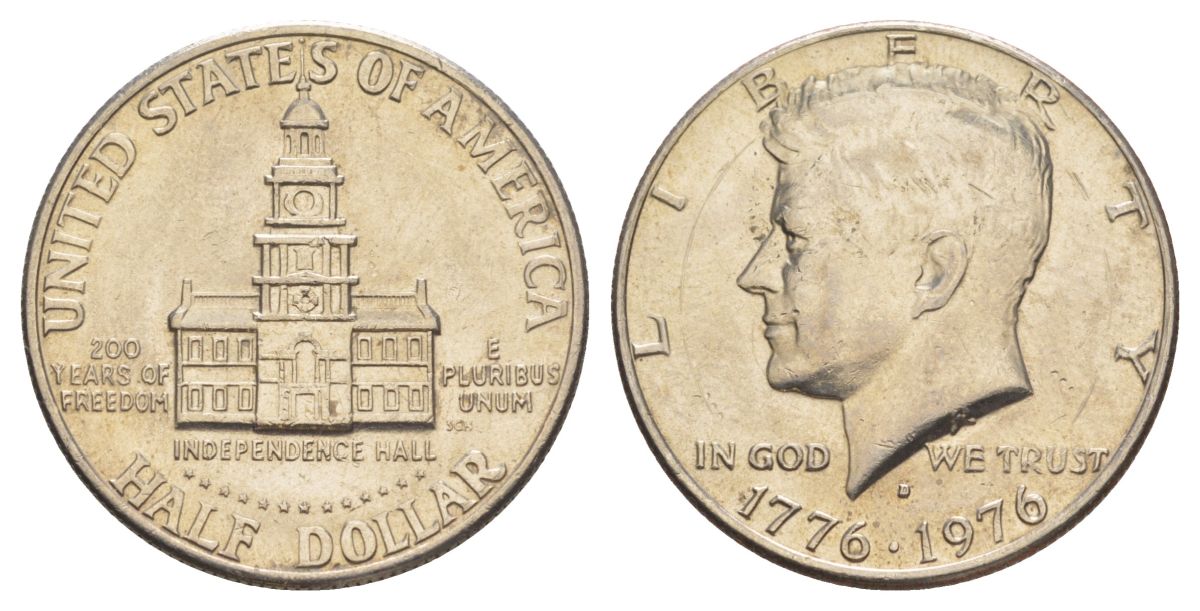 США 1/2 доллара (50 центов) 1976 D, 200 лет независимости, Джон Кеннеди KM 205 медь плакированная медно-никелем aUNC 4545-741