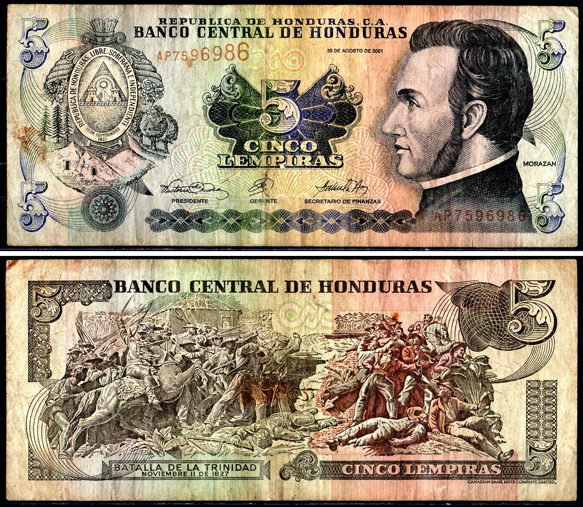 Гондурас 5 лемпира 2001 Pick 85b бумага 3295-28-3-1