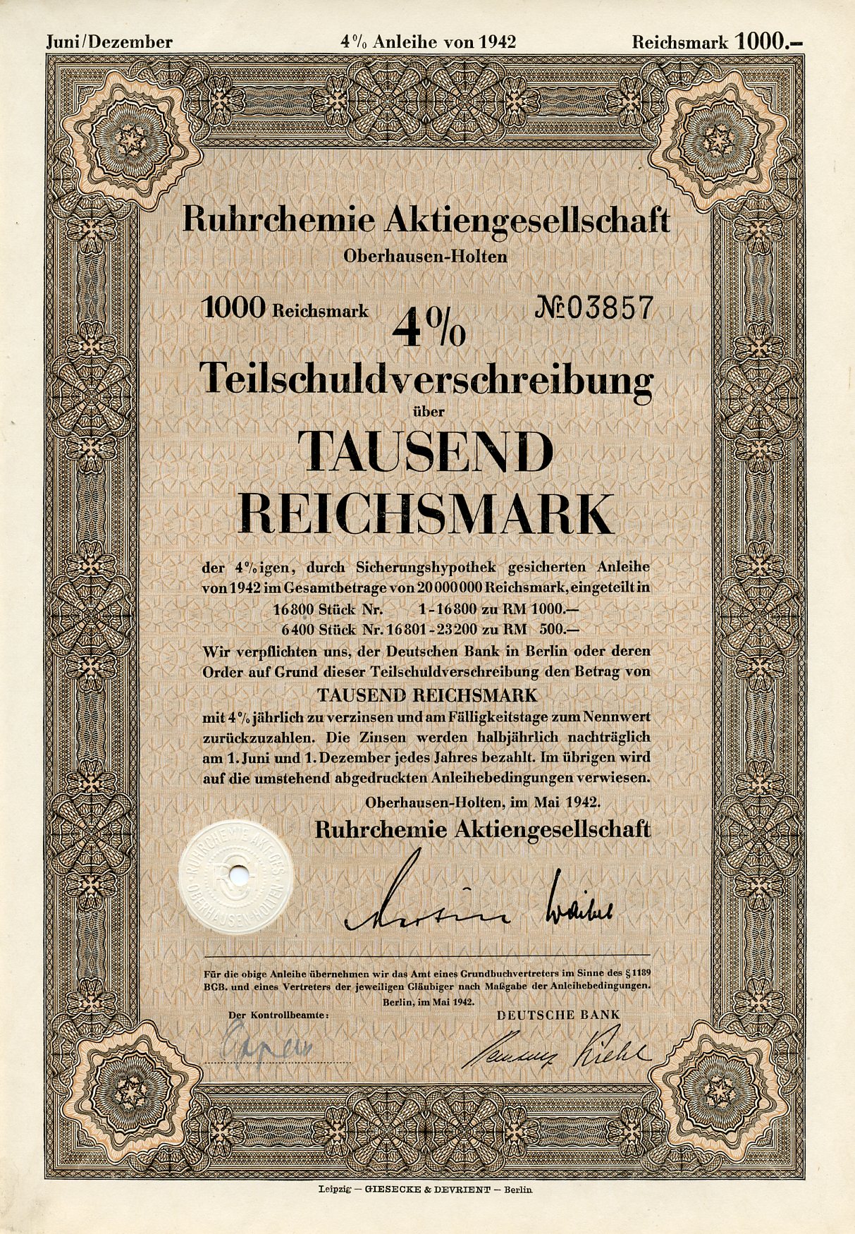 Германия 1000 рейхсмарок 1942 АО Рур-химия, Оберхаузен-Хольтен, 4 % облигация   бумага   8804-123-1